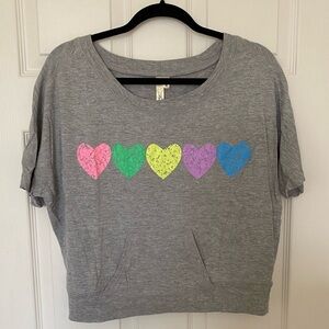 Gray Cropped Tee with Rainbow Hearts